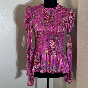 Floral top, sleeve peplum top with fabric covered buttons